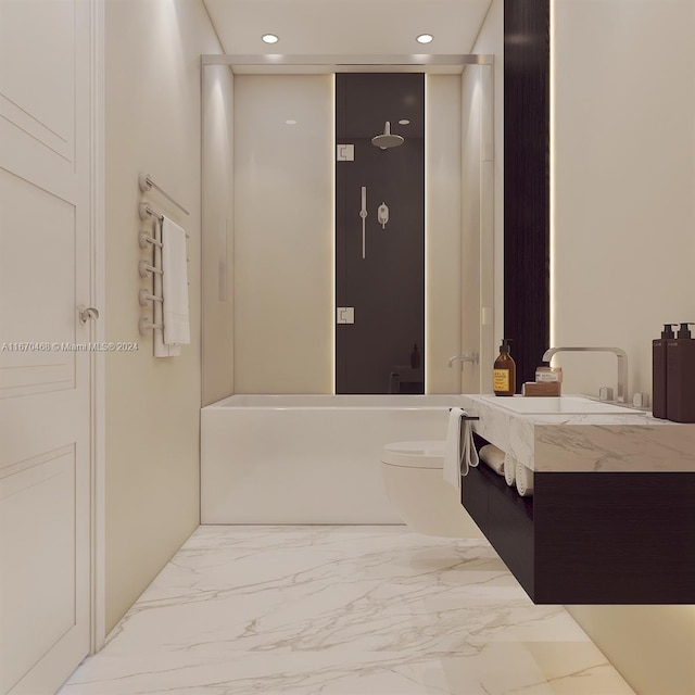 bathroom with toilet, vanity, and a bathing tub