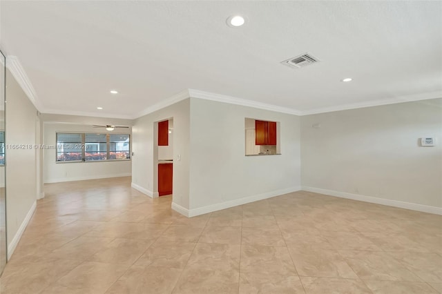 unfurnished room featuring visible vents, recessed lighting, and ornamental molding