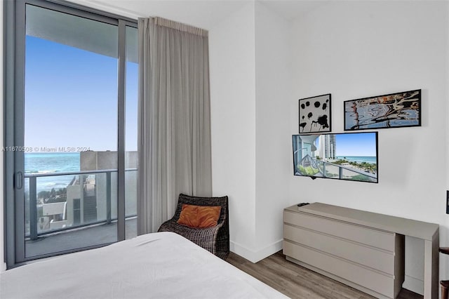 bedroom with wood-type flooring, a water view, and multiple windows