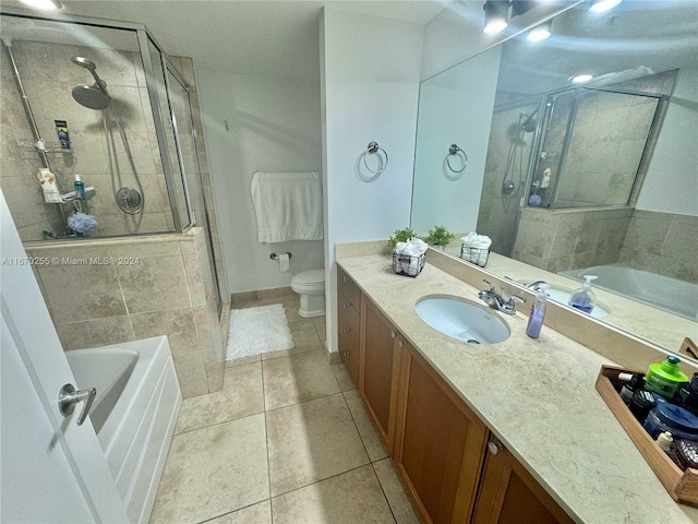 full bathroom featuring vanity, plus walk in shower, tile patterned flooring, and toilet