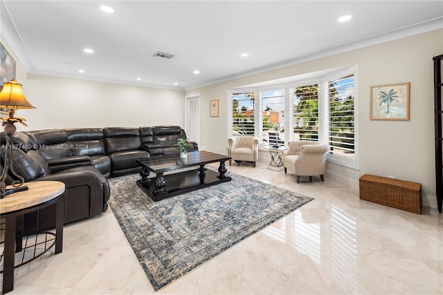 living room with ornamental molding