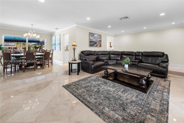 living room featuring ornamental molding and an inviting chandelier