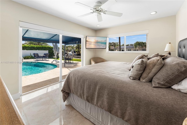 bedroom featuring access to outside and ceiling fan