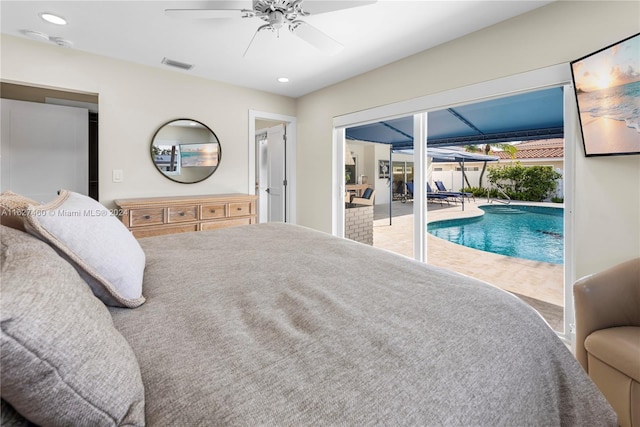 carpeted bedroom with access to outside and ceiling fan