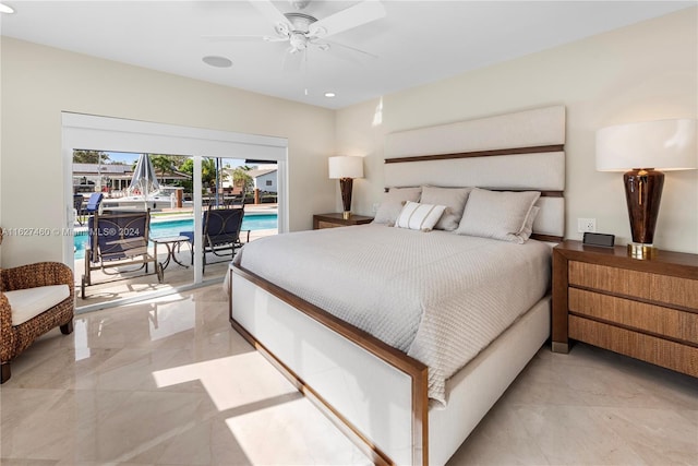 bedroom featuring access to outside and ceiling fan