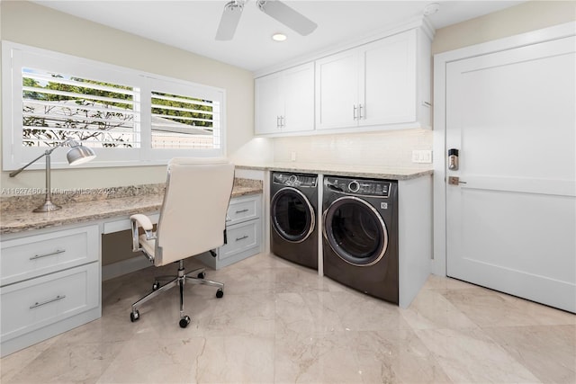 clothes washing area with cabinets, separate washer and dryer, and ceiling fan