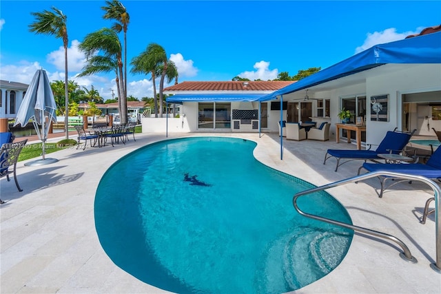 view of swimming pool with a patio