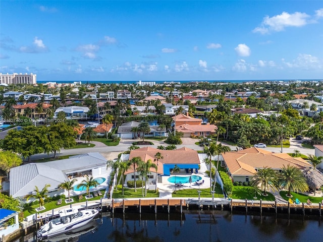 aerial view featuring a water view