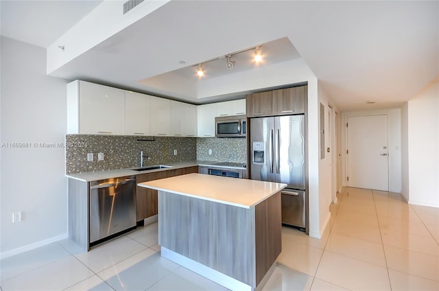 kitchen with appliances with stainless steel finishes, white cabinets, backsplash, a kitchen island, and sink