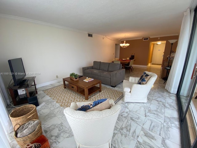 living room featuring crown molding and an inviting chandelier