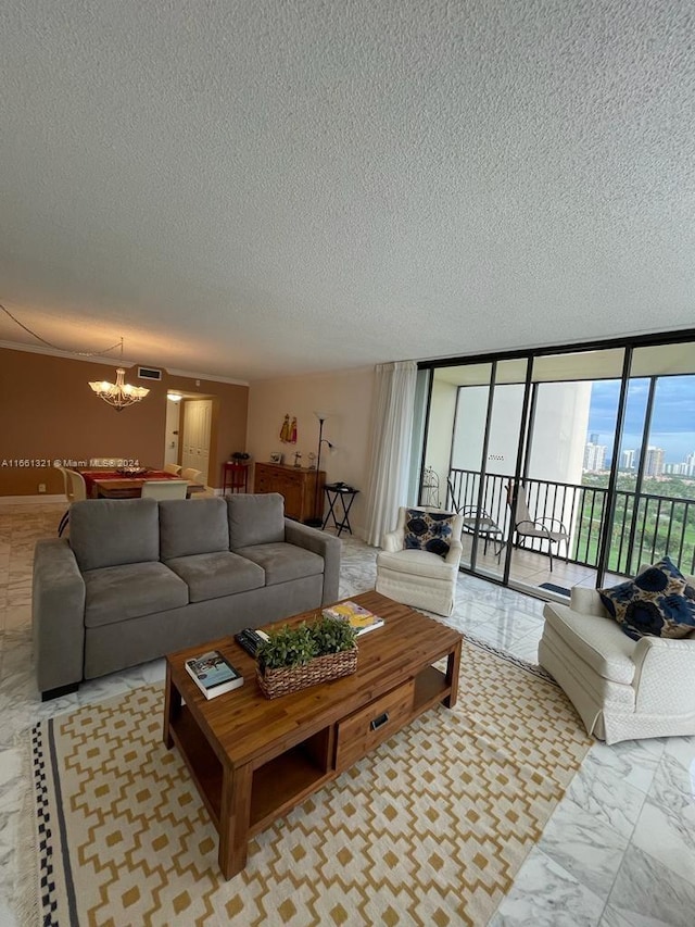 living room featuring a textured ceiling, floor to ceiling windows, and a chandelier