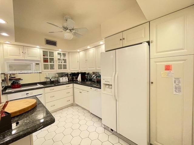 kitchen featuring ceiling fan, white cabinets, sink, and white appliances