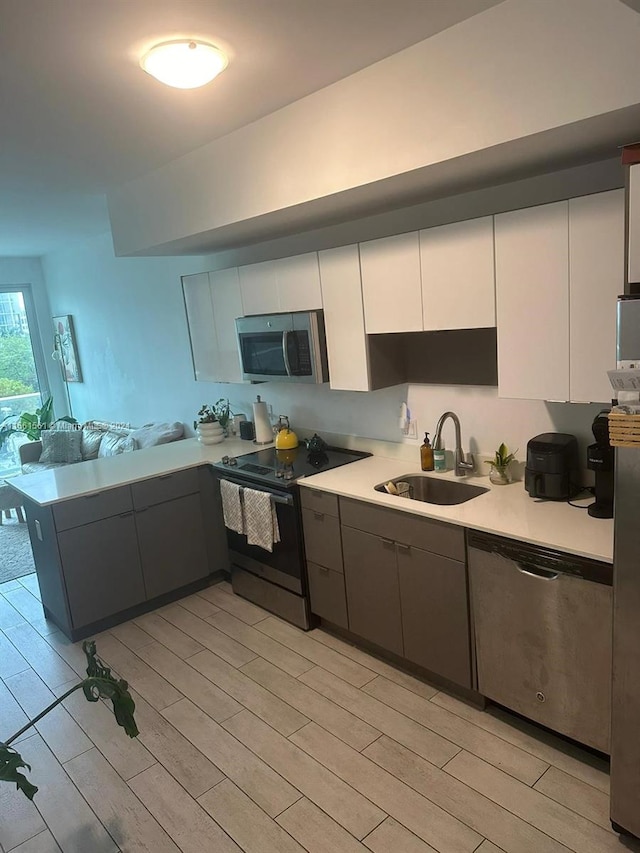 kitchen with sink, kitchen peninsula, white cabinetry, appliances with stainless steel finishes, and light hardwood / wood-style floors