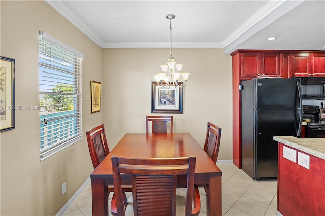 dining area featuring light tile patterned flooring, a chandelier, and ornamental molding