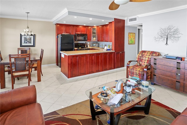 kitchen with ornamental molding, black appliances, hanging light fixtures, and light tile patterned floors