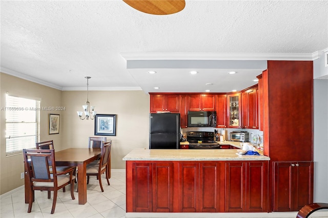 kitchen with hanging light fixtures, kitchen peninsula, ornamental molding, a chandelier, and black appliances