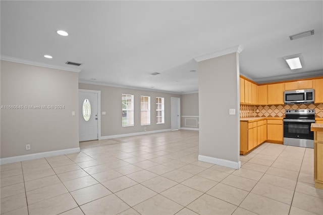 kitchen with stainless steel appliances, backsplash, and light tile patterned floors