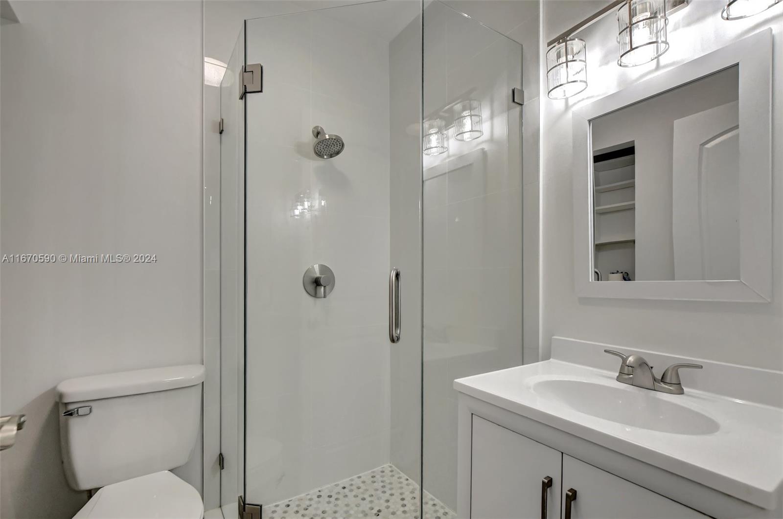 bathroom with vanity, a shower with shower door, and toilet