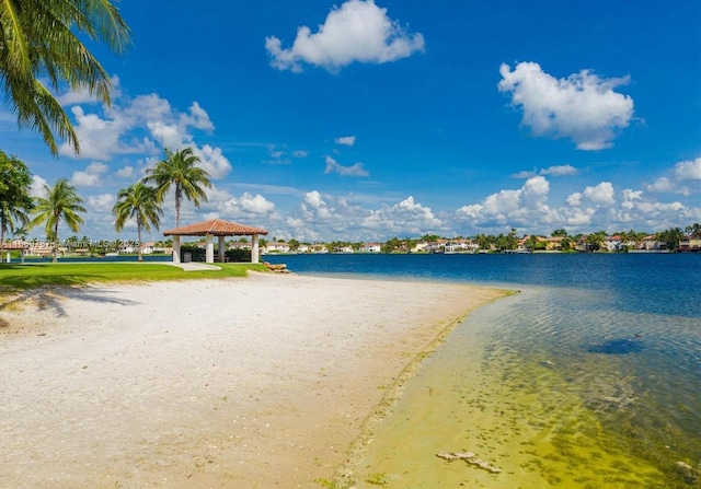 view of water feature with a gazebo and a view of the beach