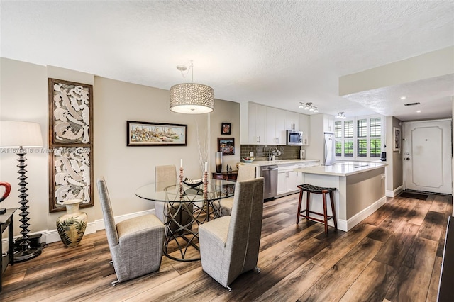 dining space with sink, dark hardwood / wood-style flooring, and a textured ceiling