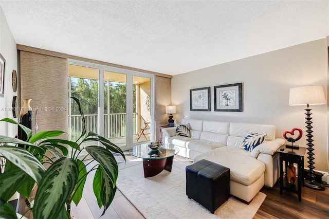 living room featuring a textured ceiling and wood-type flooring