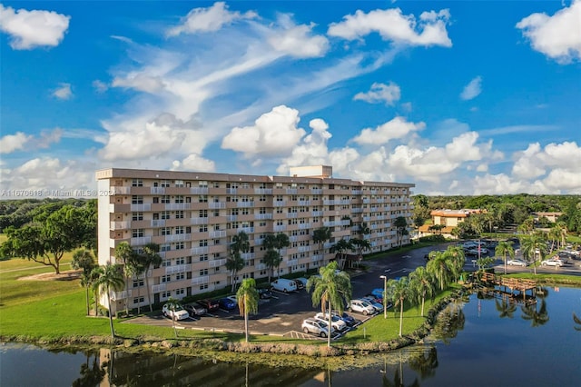 view of building exterior featuring a water view