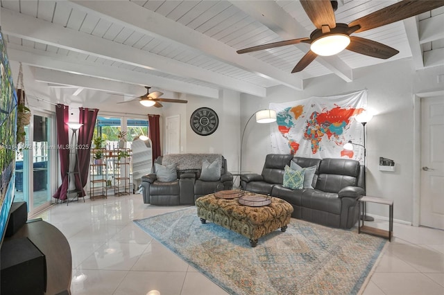 tiled living room with beamed ceiling, ceiling fan, and wooden ceiling