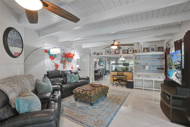 living room featuring ceiling fan, wooden ceiling, beam ceiling, and light tile patterned floors