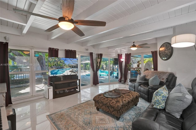 tiled living room with beamed ceiling, ceiling fan, and wooden ceiling