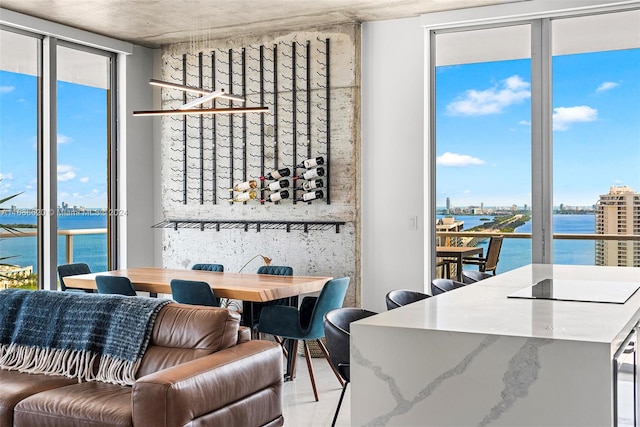 dining space with floor to ceiling windows and a water view