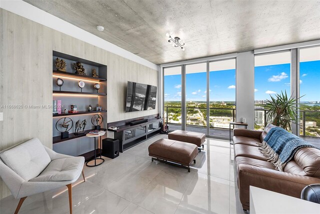 living room featuring a wall of windows