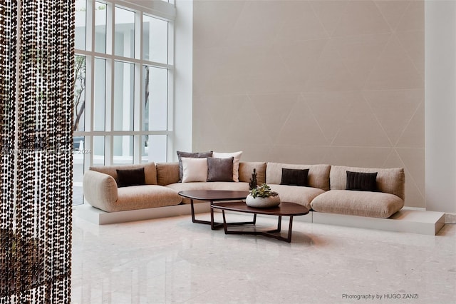 living room featuring a towering ceiling