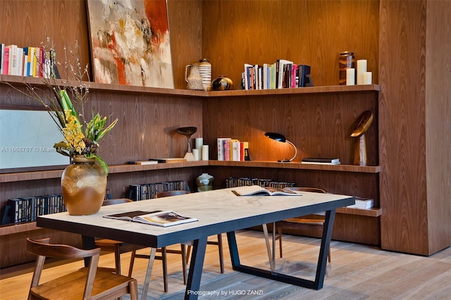 interior space featuring hardwood / wood-style floors and wood walls