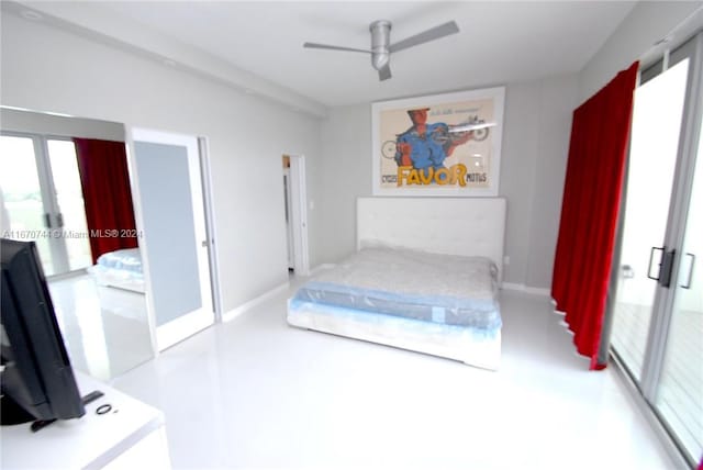 bedroom featuring light carpet and ceiling fan