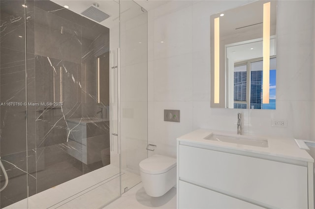 bathroom featuring walk in shower, vanity, and toilet