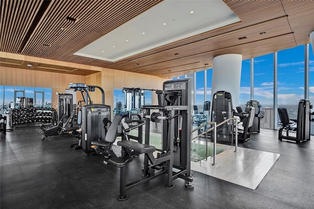 gym with floor to ceiling windows and a tray ceiling