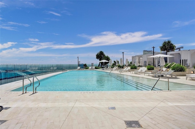 view of swimming pool with a patio