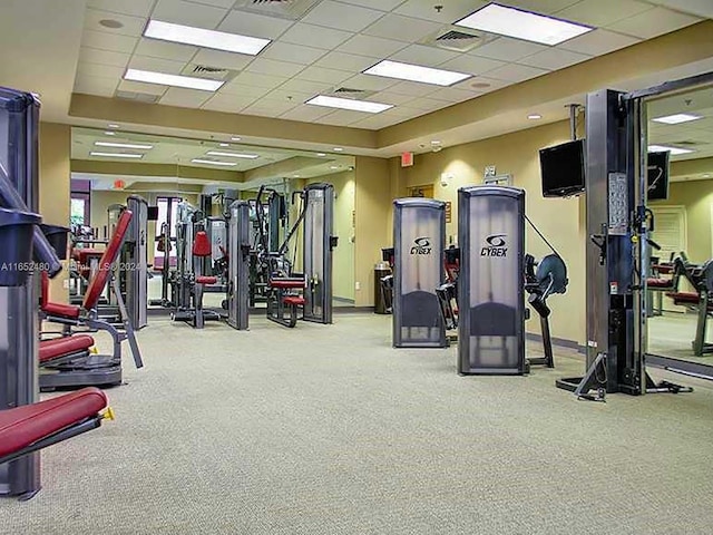 exercise room featuring a paneled ceiling and light carpet