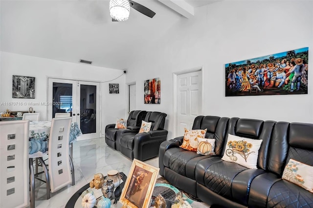 living room with vaulted ceiling with beams and ceiling fan