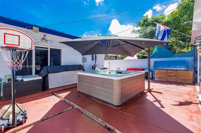 view of patio featuring a hot tub