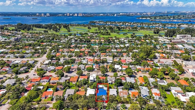 aerial view featuring a water view