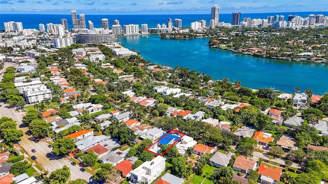 aerial view featuring a water view