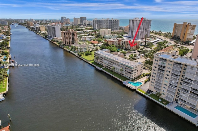 drone / aerial view featuring a water view