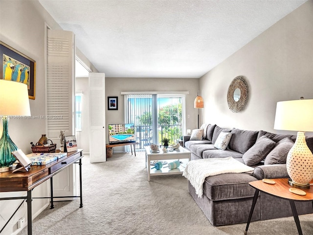 carpeted living room featuring a textured ceiling