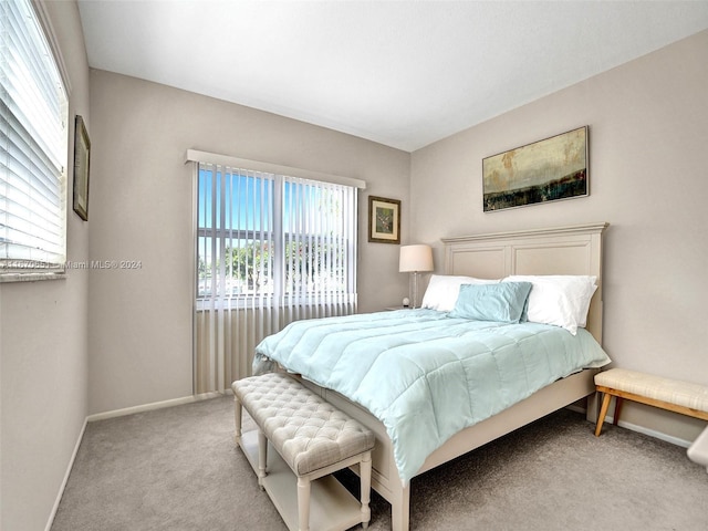 bedroom featuring light colored carpet and multiple windows