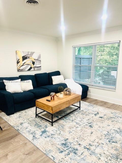 living room with wood-type flooring and ornamental molding