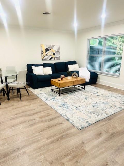 living room featuring light hardwood / wood-style floors and ornamental molding