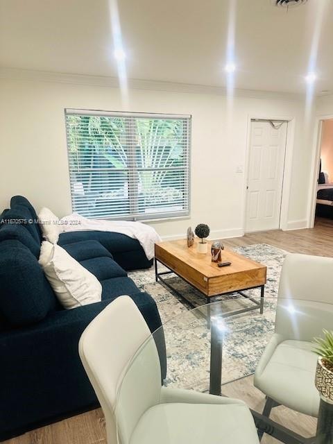 living room featuring hardwood / wood-style floors and ornamental molding