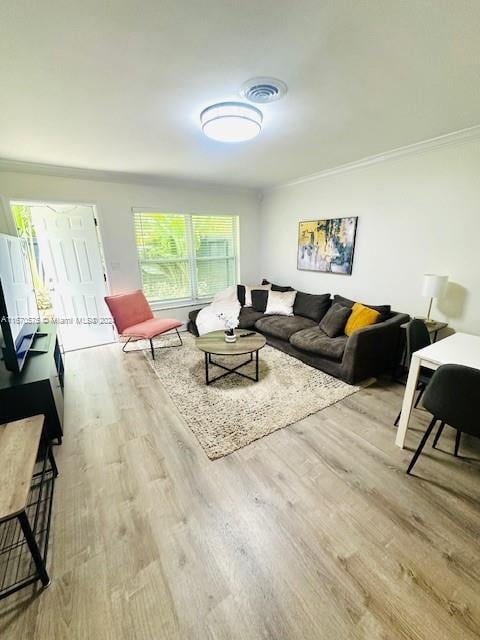 living room featuring light hardwood / wood-style floors and ornamental molding