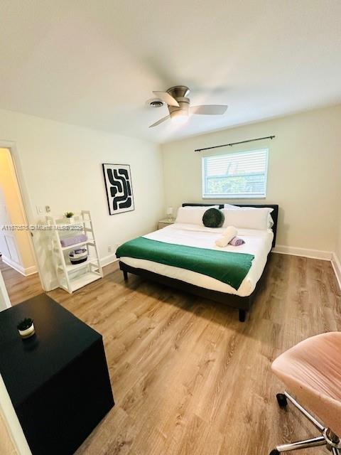 bedroom featuring ceiling fan and wood-type flooring